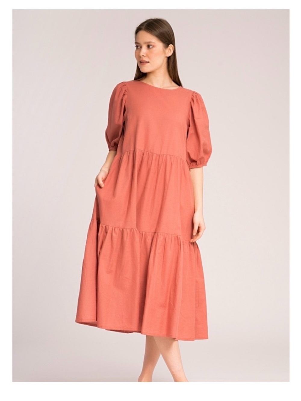Mexx Coral Tiered Midi Dress with Puff Sleeves